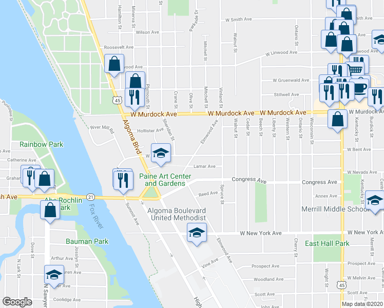 map of restaurants, bars, coffee shops, grocery stores, and more near 1601 Elmwood Avenue in Oshkosh