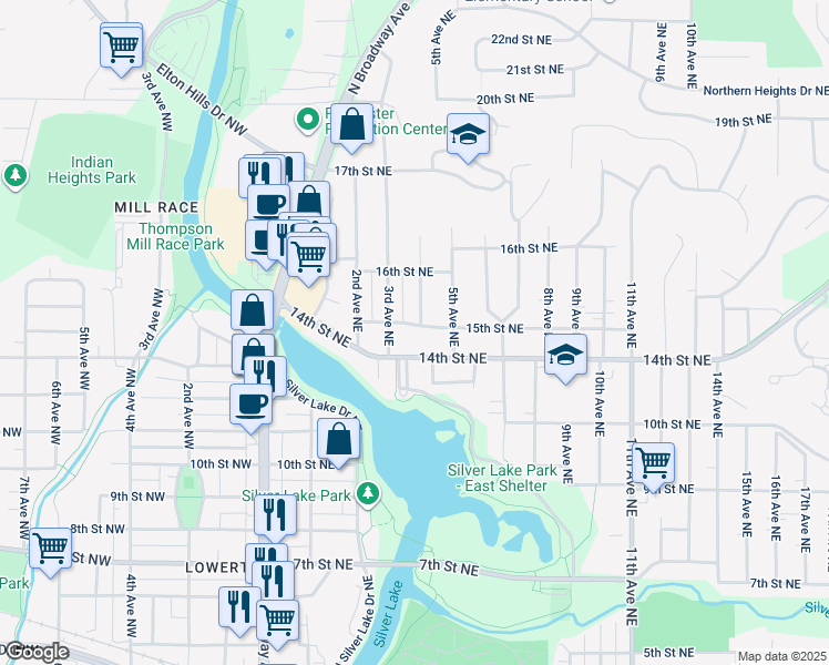 map of restaurants, bars, coffee shops, grocery stores, and more near 320 15th Street Northeast in Rochester