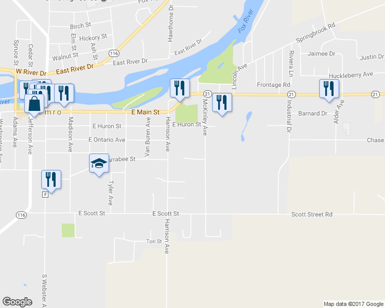 map of restaurants, bars, coffee shops, grocery stores, and more near 757 Konnor Court in Omro