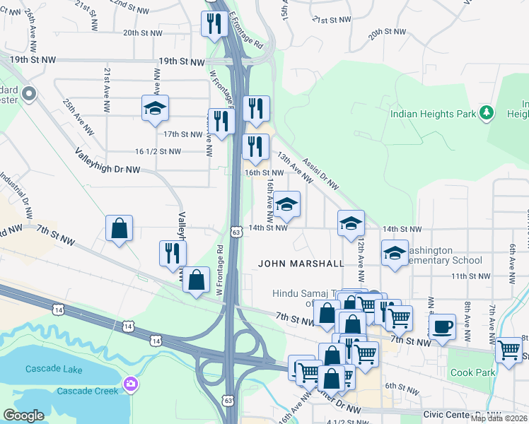 map of restaurants, bars, coffee shops, grocery stores, and more near 1414 16th Avenue Northwest in Rochester