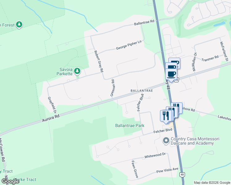 map of restaurants, bars, coffee shops, grocery stores, and more near 45 Greenan Road in Whitchurch-Stouffville