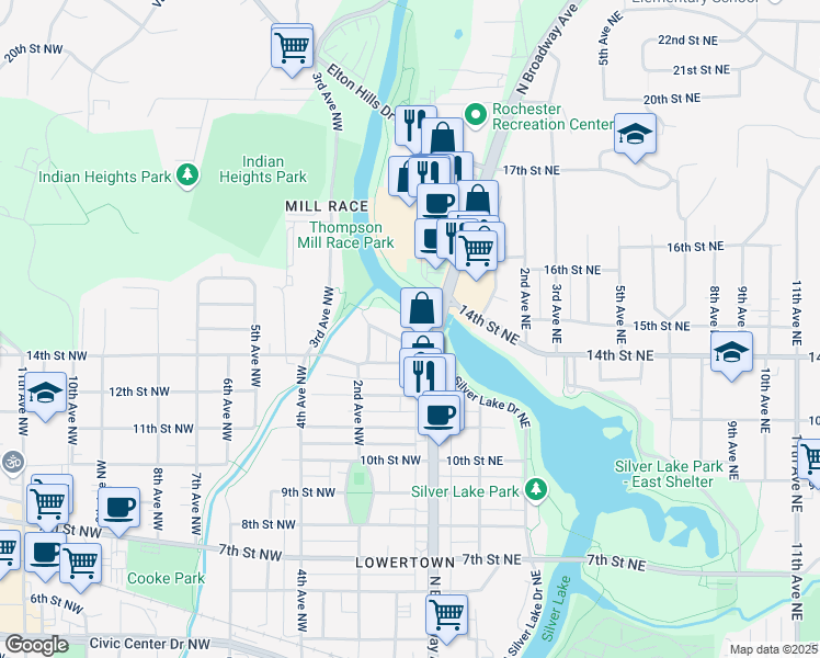 map of restaurants, bars, coffee shops, grocery stores, and more near 33 13 1/2 Street Northwest in Rochester
