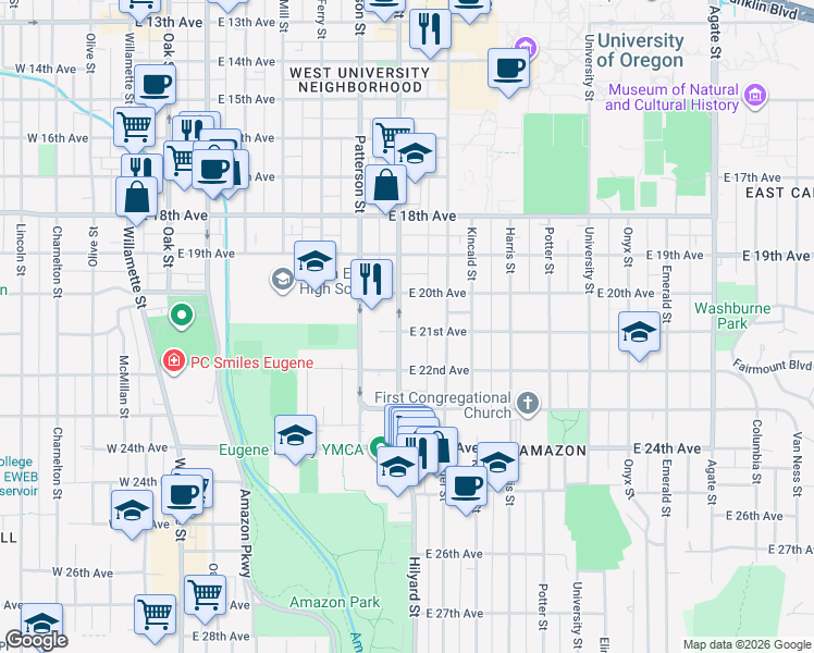 map of restaurants, bars, coffee shops, grocery stores, and more near 715 East 21st Avenue in Eugene