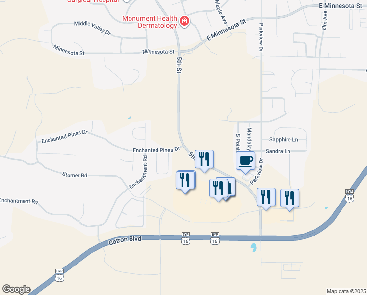 map of restaurants, bars, coffee shops, grocery stores, and more near 4815 5th Street in Rapid City