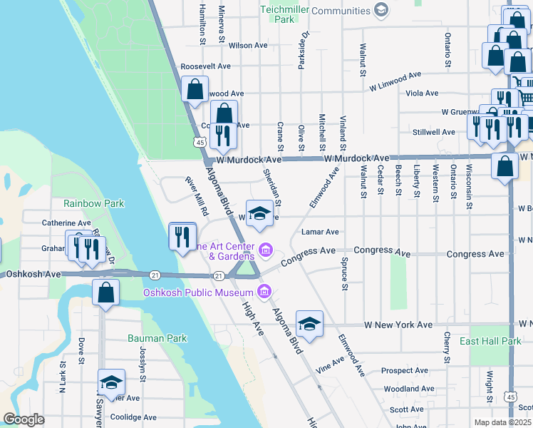 map of restaurants, bars, coffee shops, grocery stores, and more near 1508 West Bent Avenue in Oshkosh