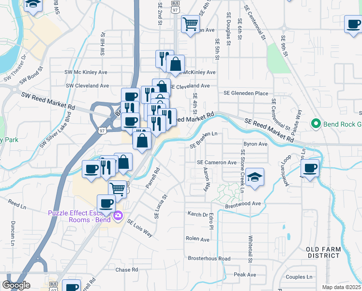map of restaurants, bars, coffee shops, grocery stores, and more near 20434 Cider Court in Bend