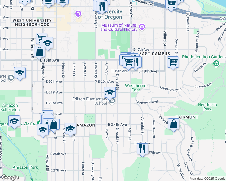 map of restaurants, bars, coffee shops, grocery stores, and more near 1361 East 21st Avenue in Eugene