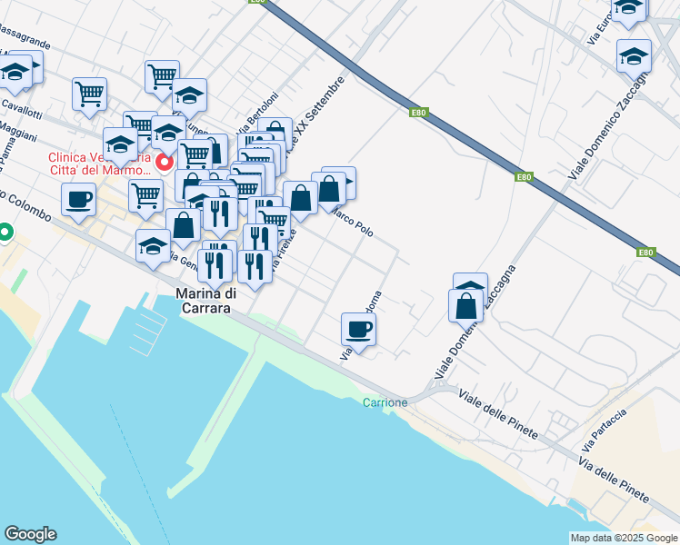 map of restaurants, bars, coffee shops, grocery stores, and more near 4/C Via Girolamo Savonarola in Marina di Carrara