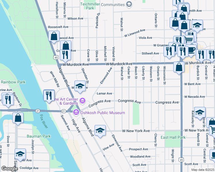 map of restaurants, bars, coffee shops, grocery stores, and more near 1342 West Bent Avenue in Oshkosh