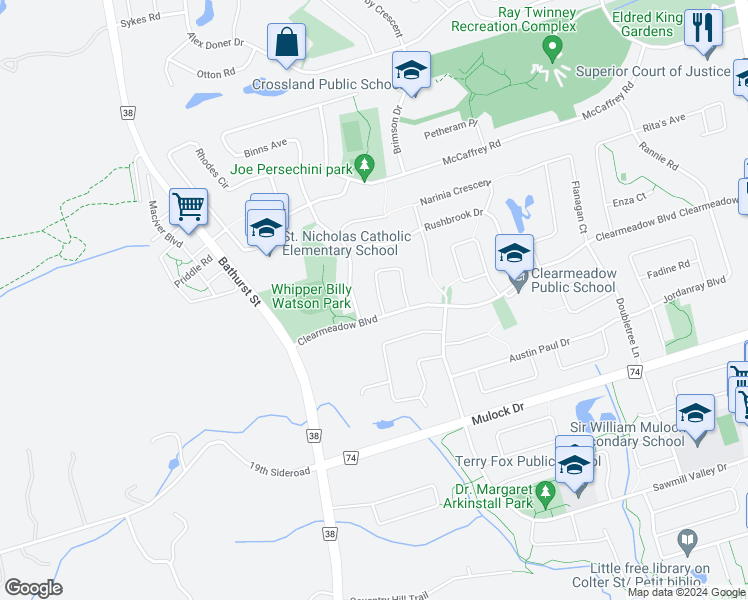 map of restaurants, bars, coffee shops, grocery stores, and more near 325 Warner Crescent in Newmarket