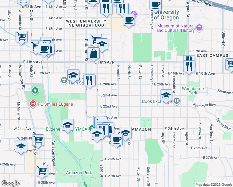map of restaurants, bars, coffee shops, grocery stores, and more near 2090 Kincaid Street in Eugene