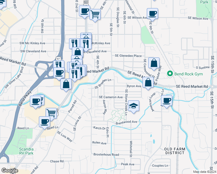 map of restaurants, bars, coffee shops, grocery stores, and more near 20482 Southeast Elijah Court in Bend