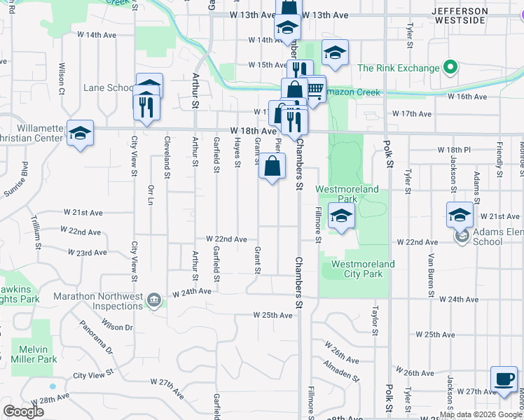 map of restaurants, bars, coffee shops, grocery stores, and more near 2121 Grant Street in Eugene