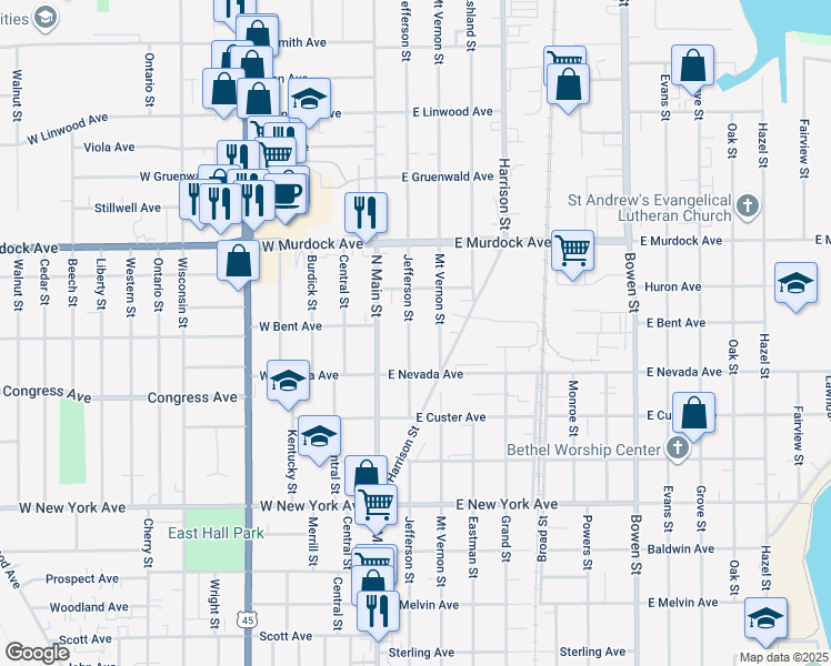map of restaurants, bars, coffee shops, grocery stores, and more near 1536 Jefferson Street in Oshkosh
