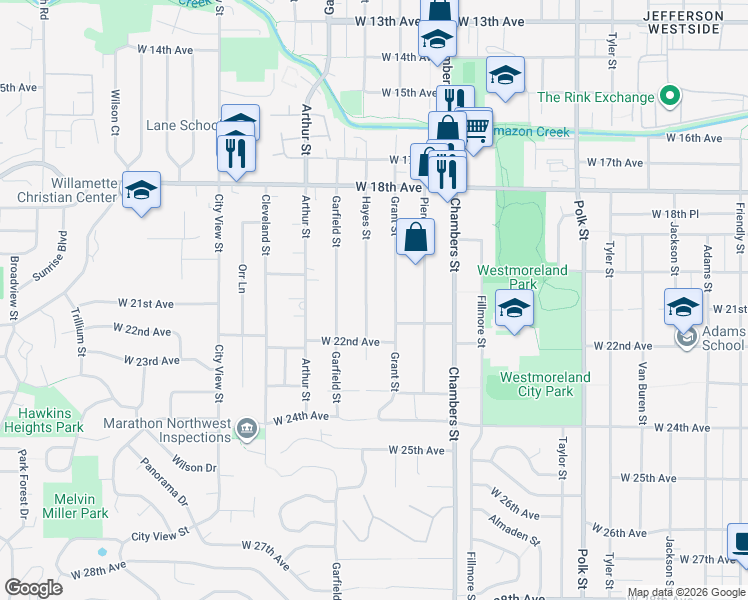 map of restaurants, bars, coffee shops, grocery stores, and more near 2055 Hayes Street in Eugene