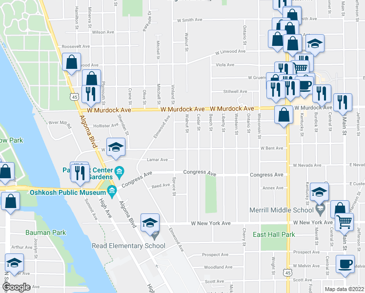 map of restaurants, bars, coffee shops, grocery stores, and more near 1208 West Bent Avenue in Oshkosh