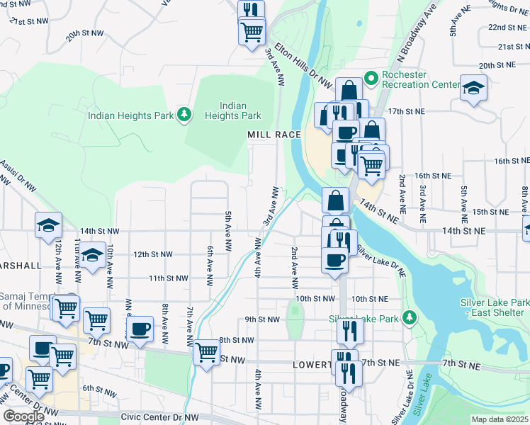 map of restaurants, bars, coffee shops, grocery stores, and more near 1321 3rd Avenue Northwest in Rochester