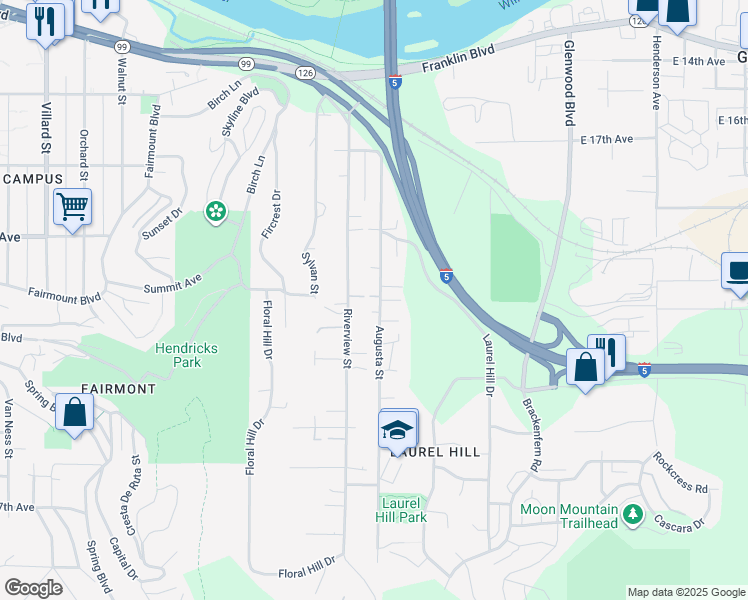 map of restaurants, bars, coffee shops, grocery stores, and more near 2008 Augusta Street in Eugene