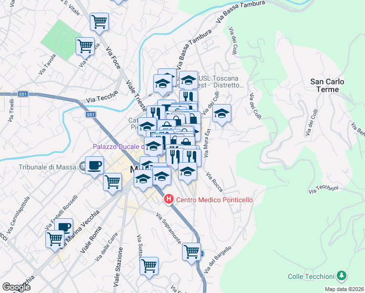 map of restaurants, bars, coffee shops, grocery stores, and more near 26 Piazza Aranci in Massa