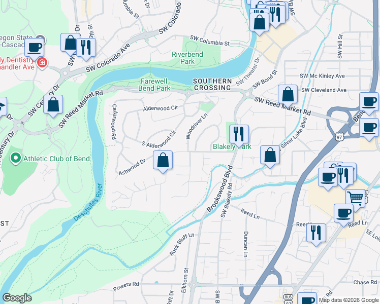 map of restaurants, bars, coffee shops, grocery stores, and more near 61598 Sunny Breeze Lane in Bend