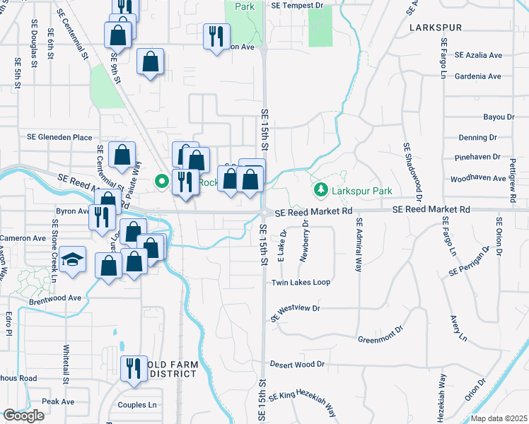 map of restaurants, bars, coffee shops, grocery stores, and more near Southeast 15th Street & Southeast Reed Market Road in Bend