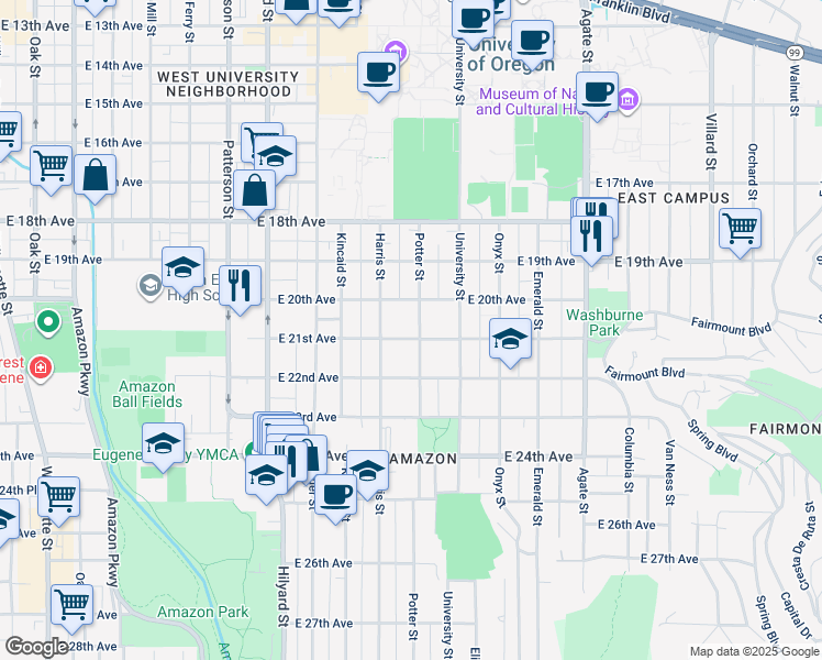 map of restaurants, bars, coffee shops, grocery stores, and more near 2086 Potter Street in Eugene