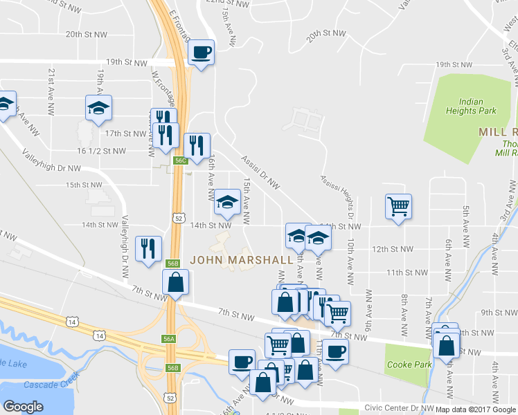 map of restaurants, bars, coffee shops, grocery stores, and more near 1417 14th Avenue Northwest in Rochester