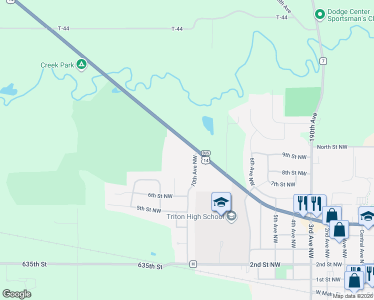map of restaurants, bars, coffee shops, grocery stores, and more near Highway Saint West in Dodge Center