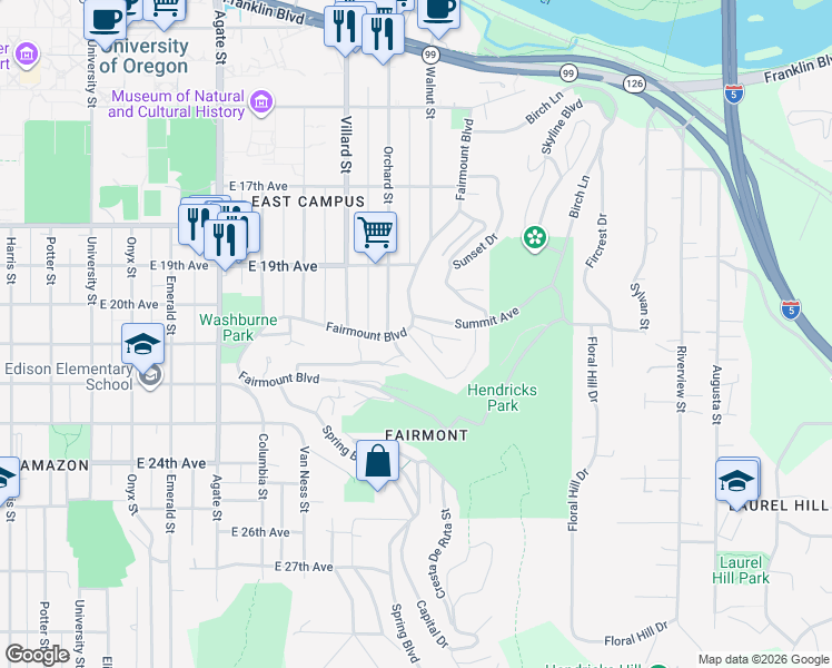 map of restaurants, bars, coffee shops, grocery stores, and more near 2130 Summit Avenue in Eugene