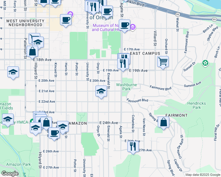 map of restaurants, bars, coffee shops, grocery stores, and more near 2072 Emerald Street in Eugene