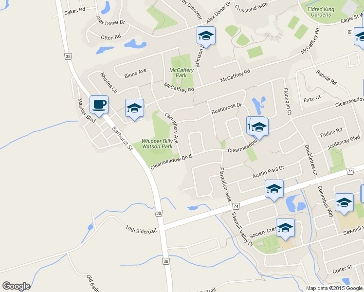 map of restaurants, bars, coffee shops, grocery stores, and more near 325 Warner Crescent in Newmarket