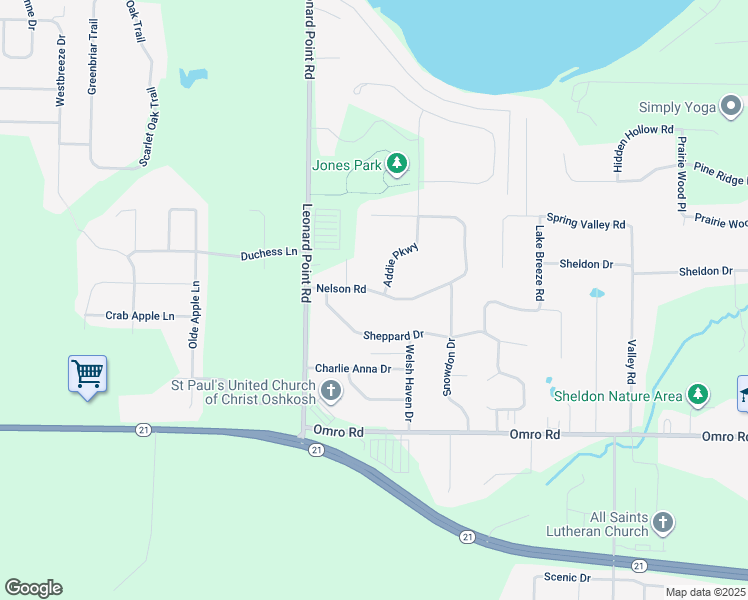 map of restaurants, bars, coffee shops, grocery stores, and more near 3447 Nelson Road in Oshkosh