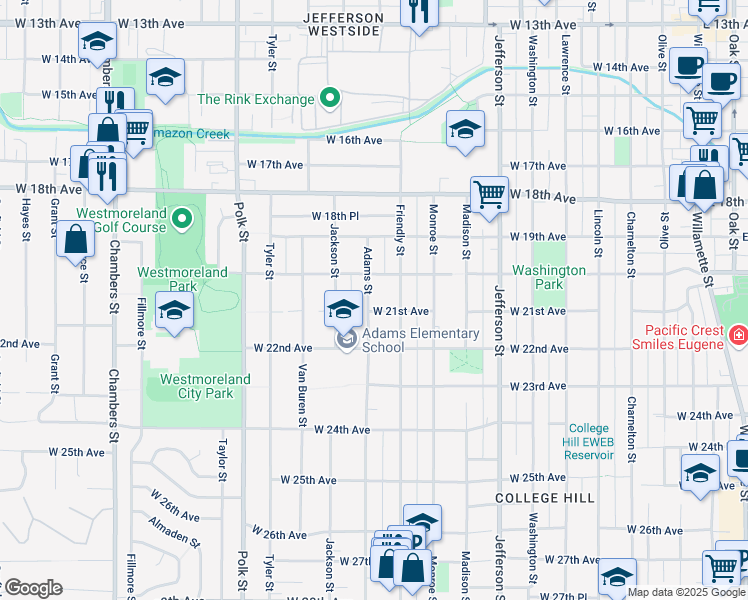 map of restaurants, bars, coffee shops, grocery stores, and more near 2085 Adams Street in Eugene