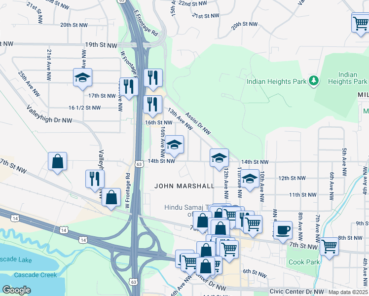 map of restaurants, bars, coffee shops, grocery stores, and more near 1419 15th Avenue Northwest in Rochester