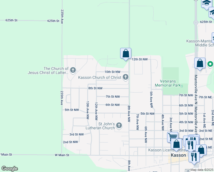map of restaurants, bars, coffee shops, grocery stores, and more near 1005 8th Street Northwest in Kasson