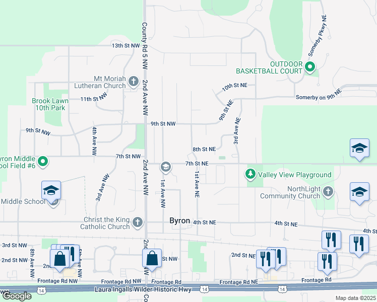 map of restaurants, bars, coffee shops, grocery stores, and more near 707 1st Avenue Northeast in Byron