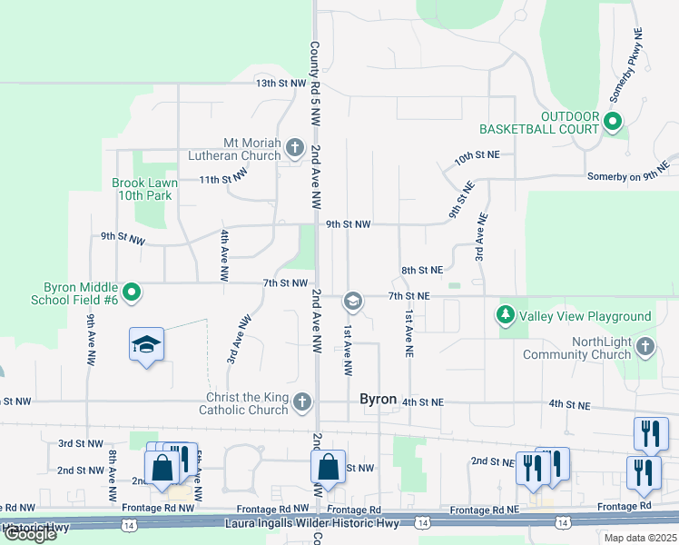 map of restaurants, bars, coffee shops, grocery stores, and more near 715 1st Avenue Northwest in Byron