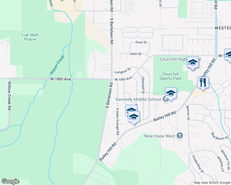 map of restaurants, bars, coffee shops, grocery stores, and more near 2090 4 Oaks Grange Road in Eugene