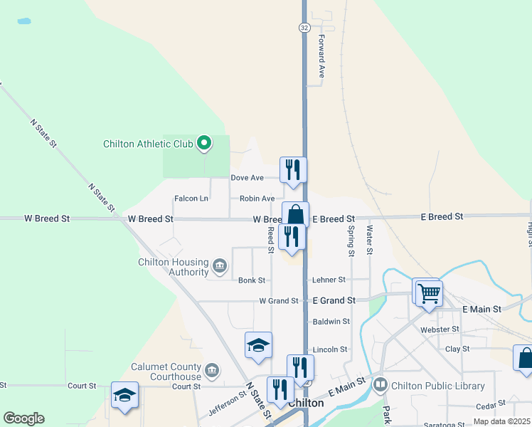 map of restaurants, bars, coffee shops, grocery stores, and more near 106 W Breed St in Chilton