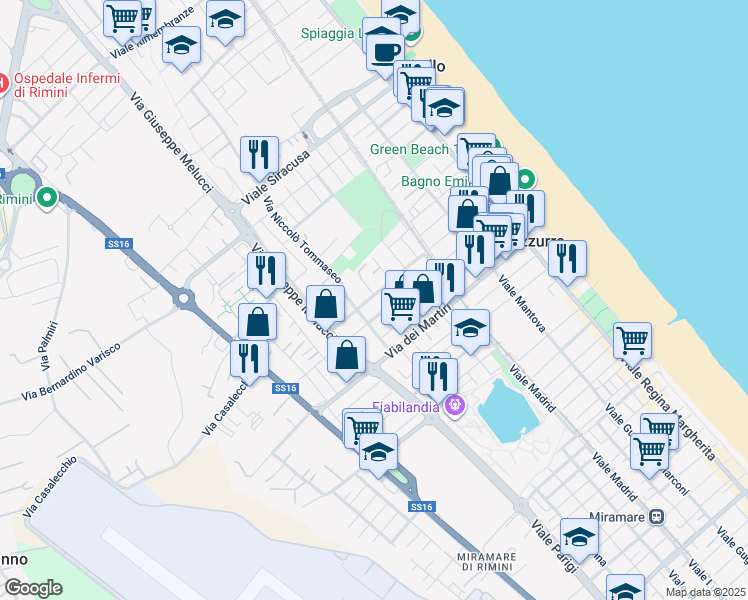 map of restaurants, bars, coffee shops, grocery stores, and more near 61 Viale Leonardo da Vinci in Rimini