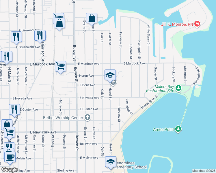 map of restaurants, bars, coffee shops, grocery stores, and more near 1535 Hazel Street in Oshkosh
