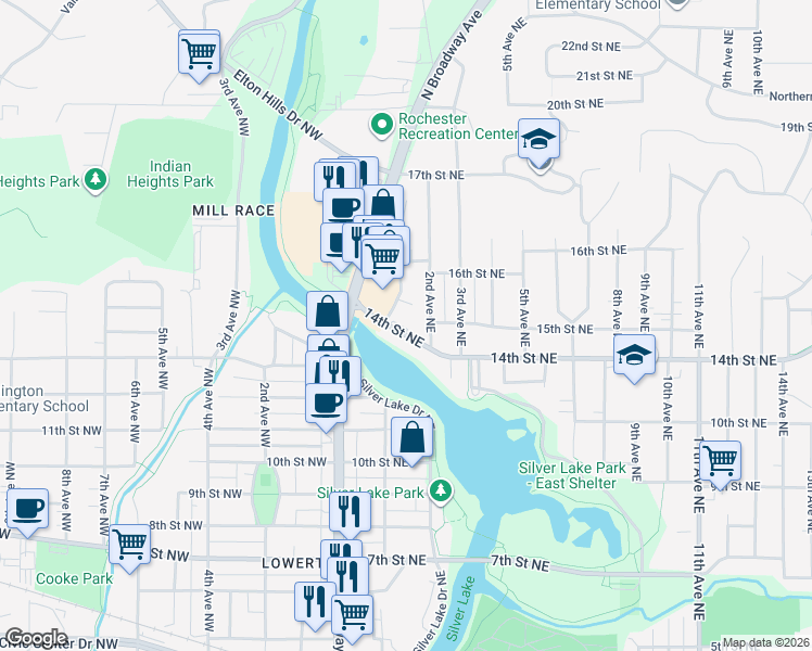 map of restaurants, bars, coffee shops, grocery stores, and more near 127 14th Street Northeast in Rochester