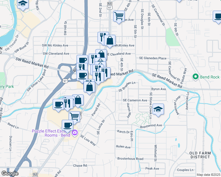 map of restaurants, bars, coffee shops, grocery stores, and more near 20434 Cider Court in Bend