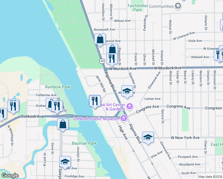 map of restaurants, bars, coffee shops, grocery stores, and more near 1611 Algoma Boulevard in Oshkosh