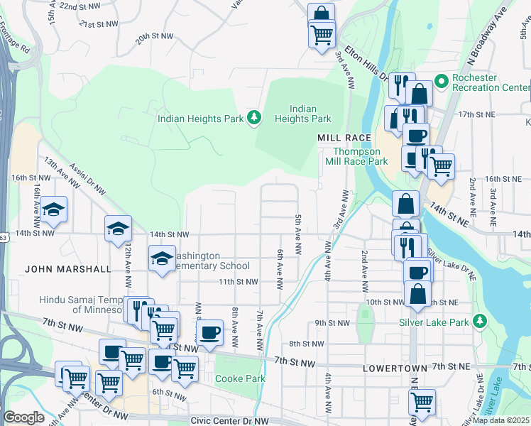 map of restaurants, bars, coffee shops, grocery stores, and more near 615 15th St NW in Rochester