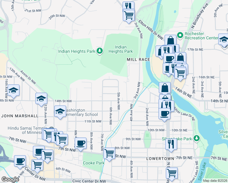 map of restaurants, bars, coffee shops, grocery stores, and more near 511 15th Street Northwest in Rochester