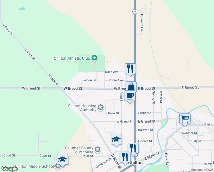 map of restaurants, bars, coffee shops, grocery stores, and more near 210 West Breed Street in Chilton