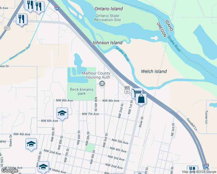 map of restaurants, bars, coffee shops, grocery stores, and more near 1085 North Oregon Street in Ontario