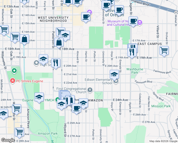 map of restaurants, bars, coffee shops, grocery stores, and more near 2086 Potter Street in Eugene