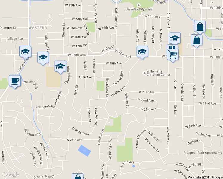 map of restaurants, bars, coffee shops, grocery stores, and more near 2095 Broadview Street in Eugene
